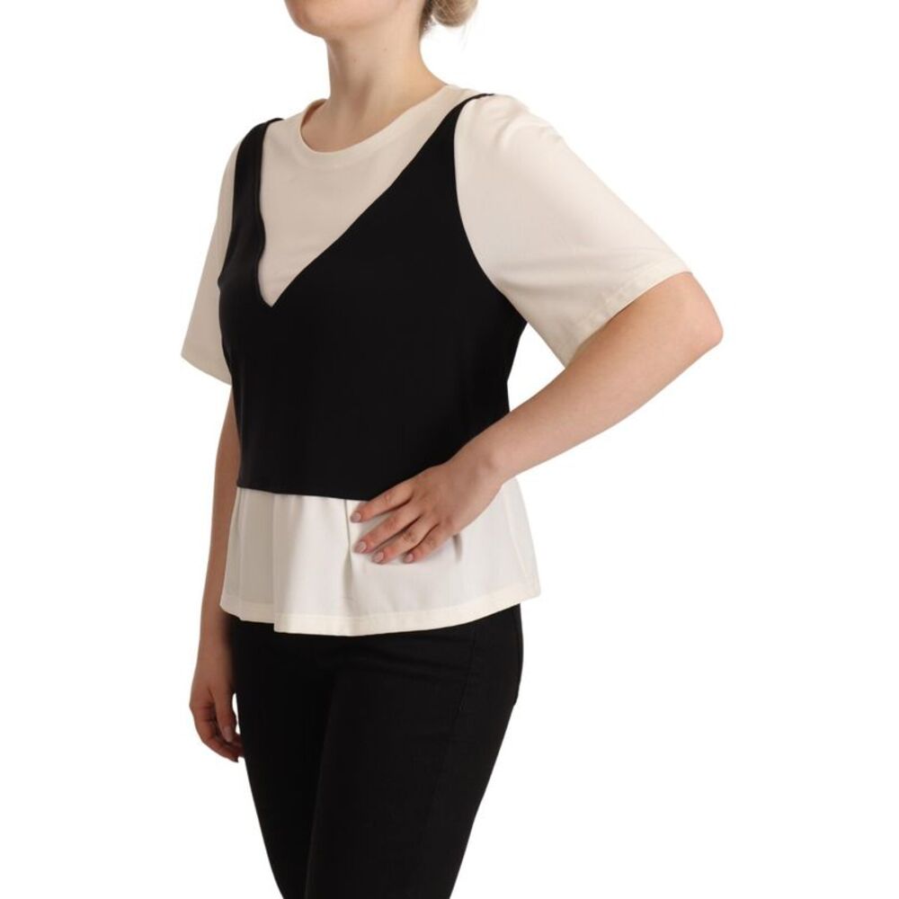 Boutique Moschino Black White Polyester Short Sleeves Top Women's Blouse